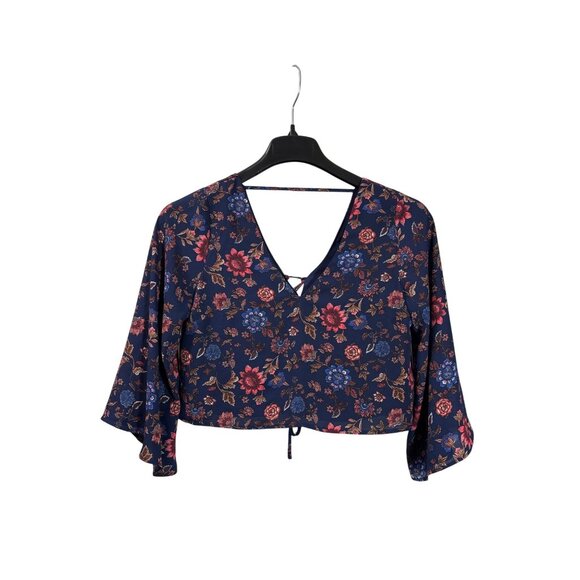 Forever 21 Floral Navy Blue Multicolor Crop Top Bell Sleeve Lace Up Back Size S - Picture 1 of 5